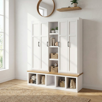 62.9"W Farmhouse 4-In-1 Hall Tree With 6 Hanging Hooks, Wood Grain Mudroom Bench With Open Compartments, Entryway Shoe Cabinet With Seating Bench For Living Room & Hallway (White)