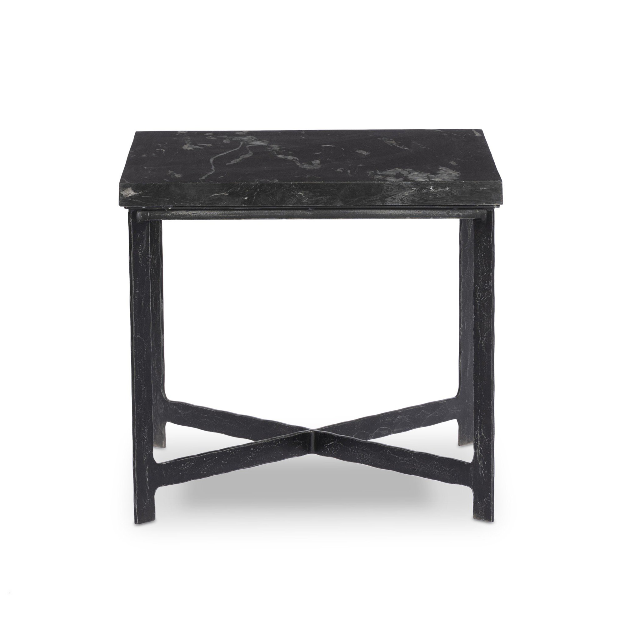 Nelida End Table-White Marble, Charcoal Marble Top/Hammered Black Iron Base