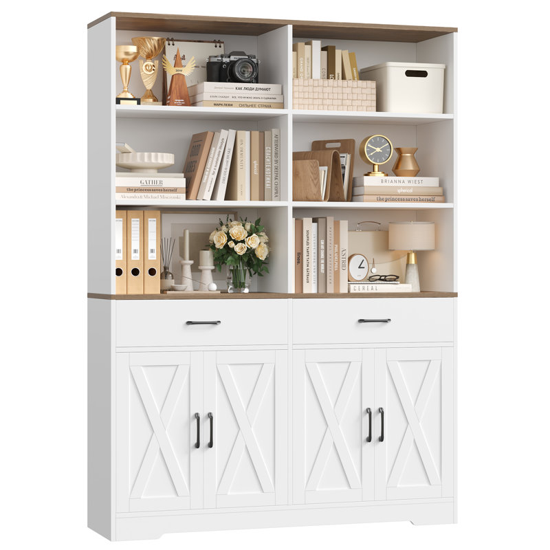 69''H Storage Bookcase with Doors and Drawers, Modern Farmhouse Wood 6-tier Bookshelf  for Living Room, Office, White