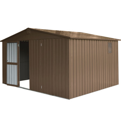 Remise 11 pi x 9 pi avec cadre en acier galvanisé et fenêtres pour l'extérieur, porte verrouillable, 630 pi³, jardin extérieur brun 9 pi, cadre, fenêtres, rangement pour outils en métal,
