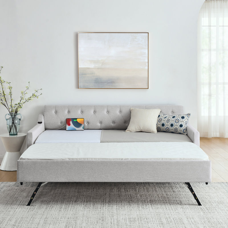 Upholstery DayBed with Erectable Trundle and USB Charging Design, Beige, Full