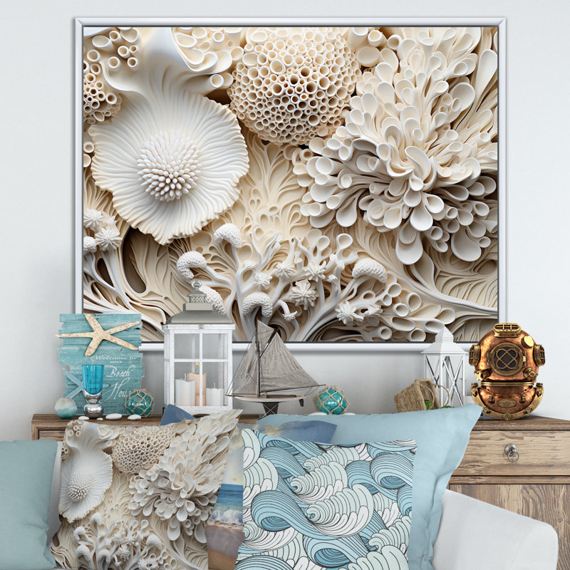Collage abstrait de fleurs de corail II sur toile, H 24 po x l 32 po x P 1 po, Cadre flottant blanc