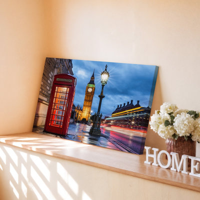 London Night Scene Featuring Iconic Red Telephone Booth And Canvas Wall Art Print For Living Room, Bedroom, Office, Hallway, Entryway, Gallery Wall And Modern Home Decor