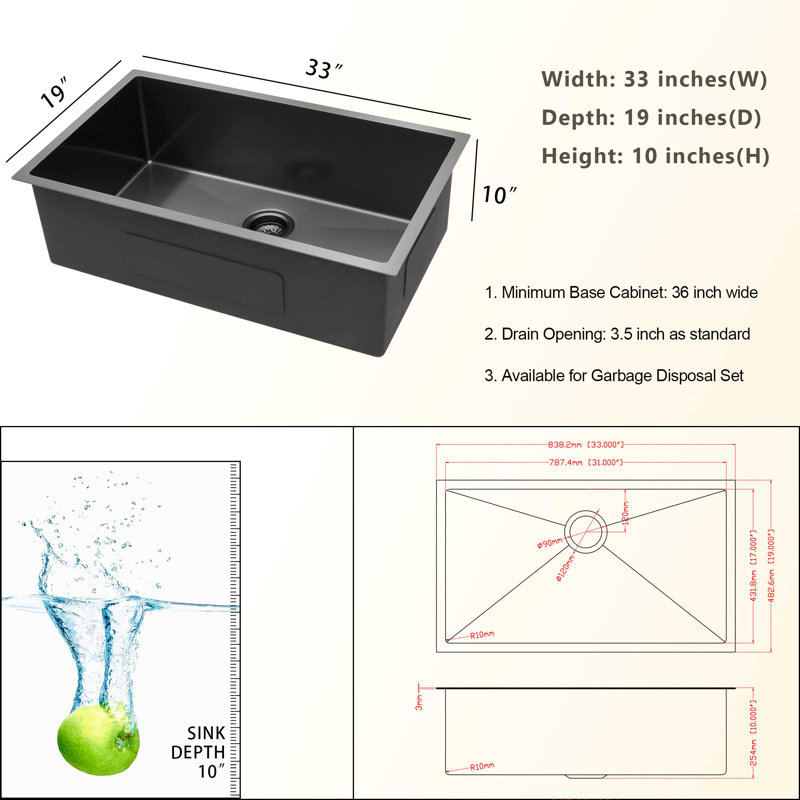 33" Gunmetal Black Kitchen Sink - 33"X 19"X 10" Undermount Singel Bowl Kitchen Basin 16 Gauge Stainless Steel With 10 Inch Deep
