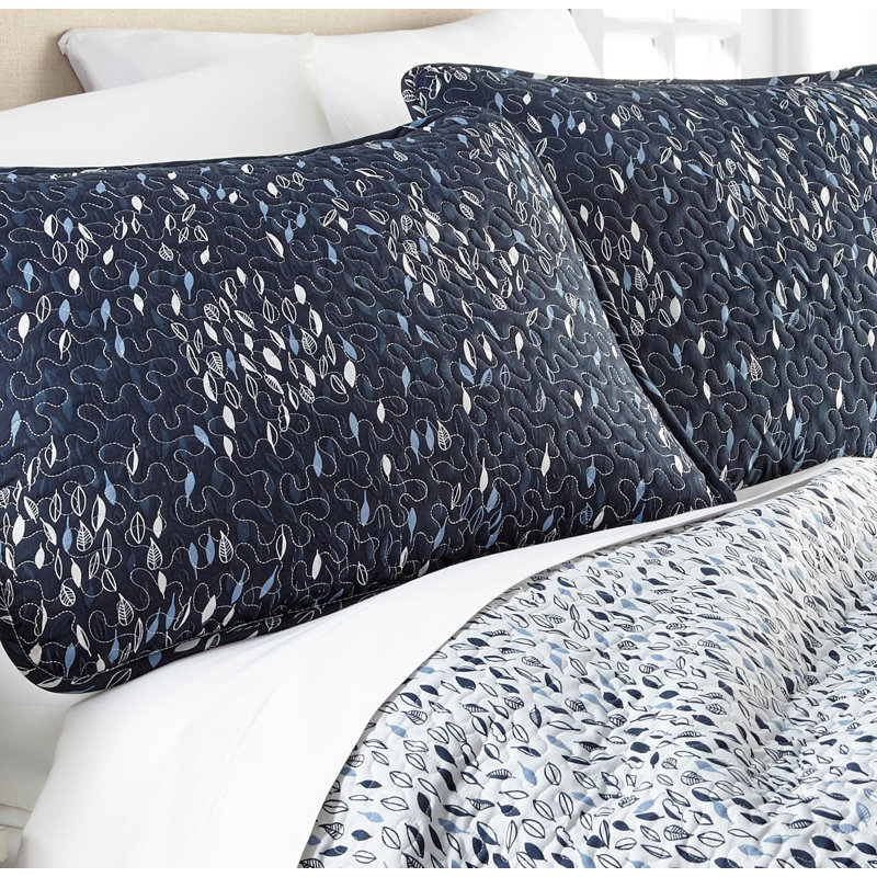 Botanical Leaves Blue Reversible Microfiber Full/Queen Quilt Set