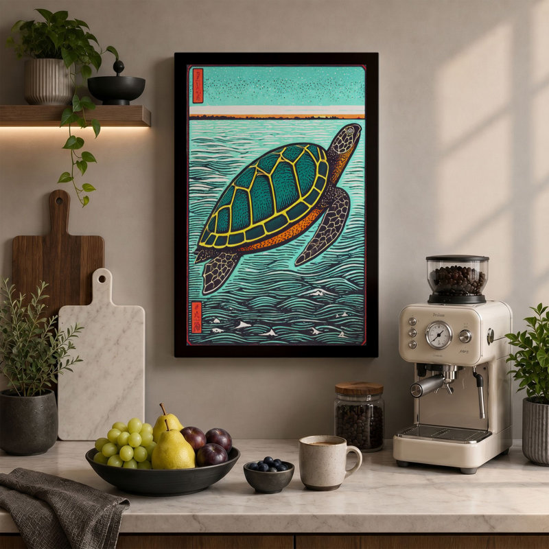 Turtle in Open Water Japandi 1 Piece Wrapped Canvas Wall Art, 24x16 - 61.0 x 40.6 cm, Sage Border