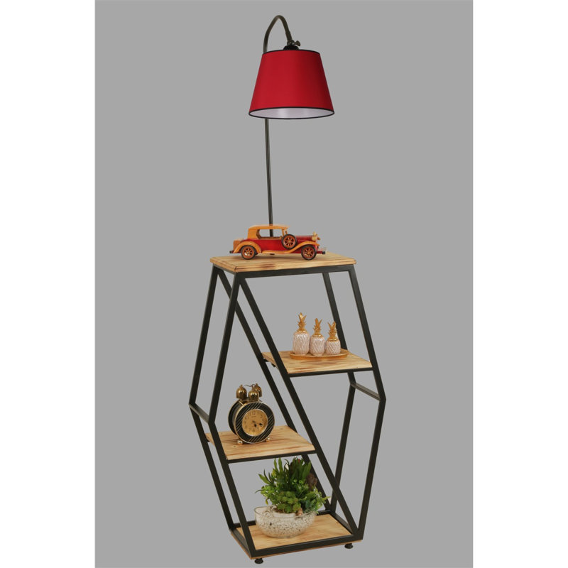 Lampe sur pied moderne avec structure en métal et bibliothèque 100% bois de sapin, hauteur 65,0 pouces | Peinture électrostatique séchée au four, couleur rouge | Douille E27, 40 W maximum | Éclairage élégant et rangement fonctionnel pour la décoration intérieure