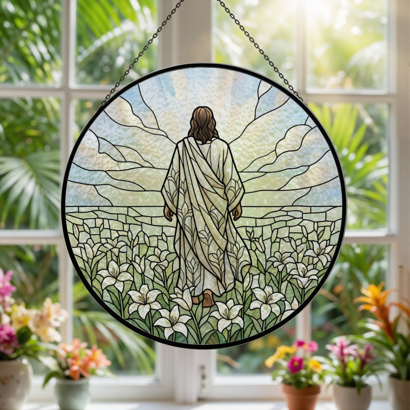 Panneau de vitrail en verre coloré lys Jésus ， H 12 po, H 12 po