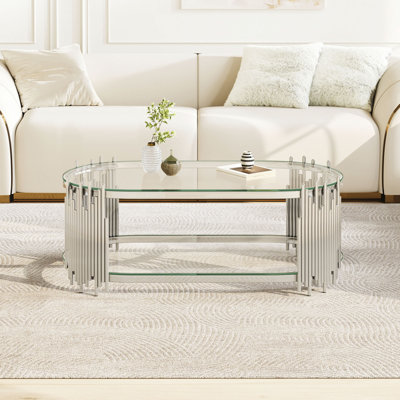 Table basse de luxe avec tablettes en verre trempé à 2 niveaux, table de centre ovale moderne pour le salon, structure en acier inoxydable poli, conception artistique «Organ tuyau», 47 po x 23,6 po x 17,7 po