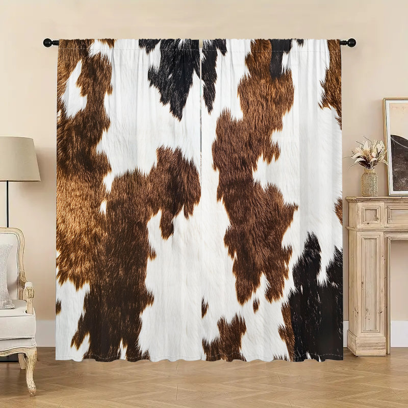2Pcs Cowhide Print Window Curtains Animal Pattern Rod Pocket Curtain Panels Rustic Cowboy Western Style Room Darkening Treatment for Living Bedroom Home Decor