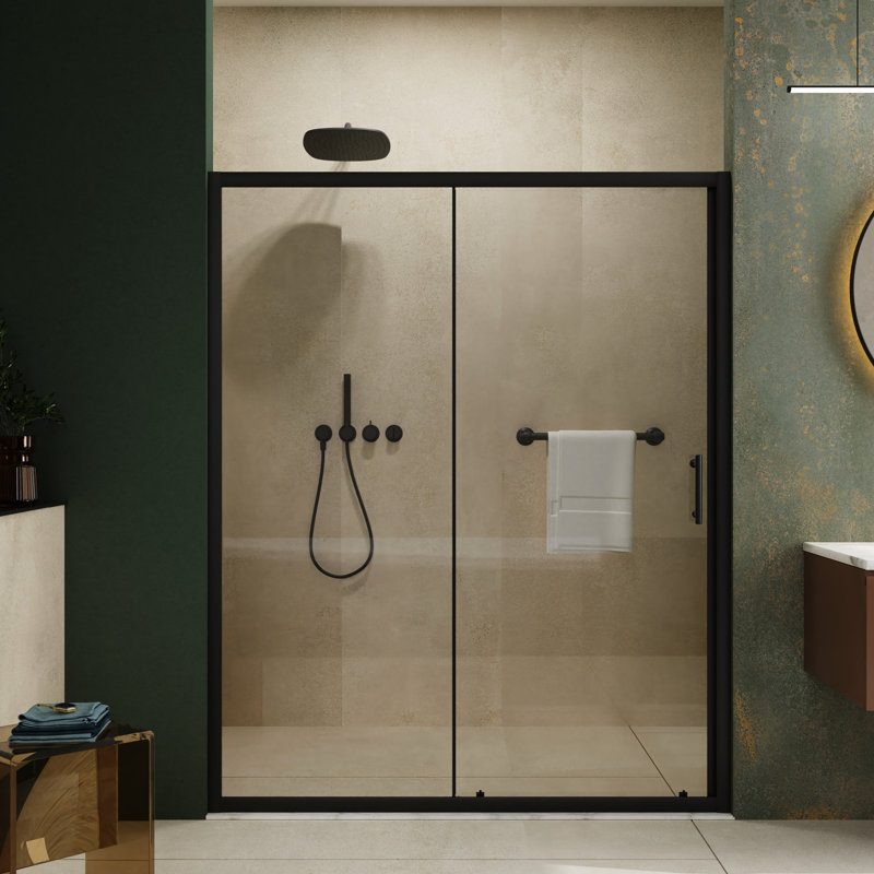 72 In High X 60 Wide Single Sliding Shower Door, 1/5 Inch Clear Tempered Glass, Black Stainless Steel Handle, Outstanding Durability Reliable