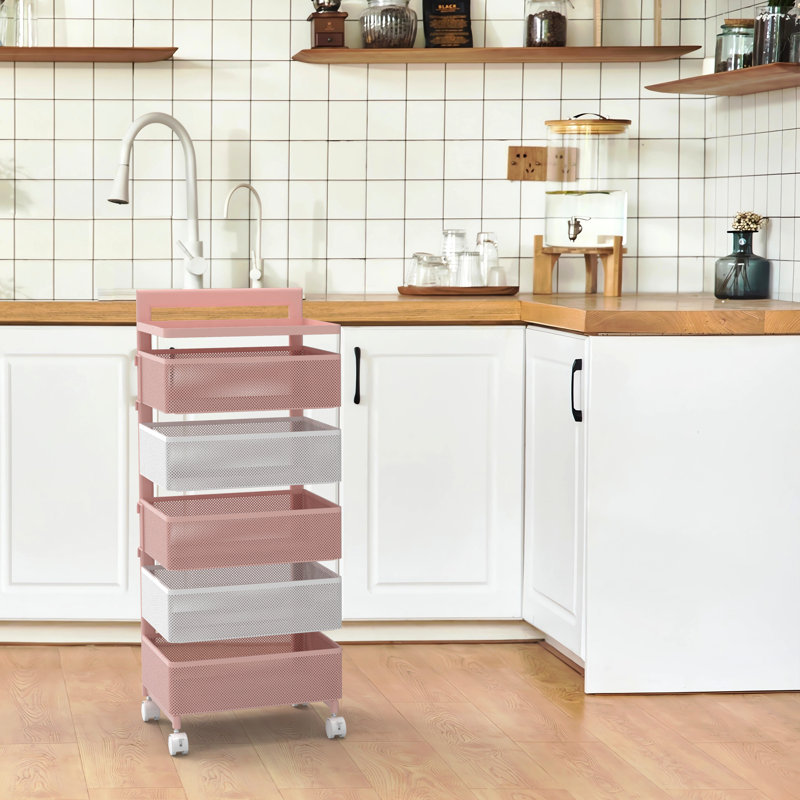 Pink and White 5-Tier Rotating Metal Utility Cart with Wheels