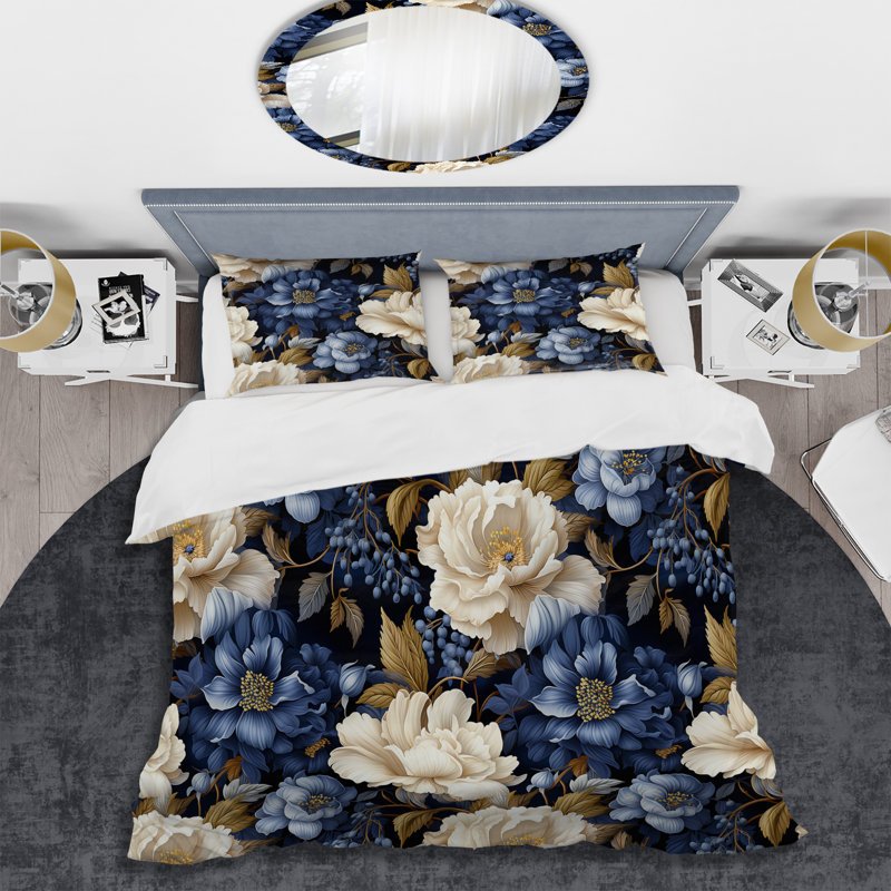 Literie à motif victorien cobalt feuillage, Housse de couette pour très grand lit et 2 très