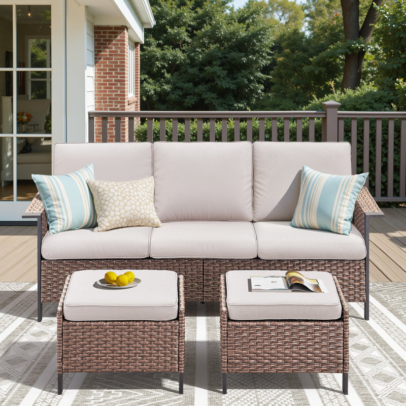 Coady All-Weather Rattan Outdoor Courtyard Wide Armrest Sofa With Ottomans, Beige, Brown