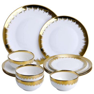 12 Pieces Plates And Bowls Sets,Porcelain Round Dinner Plates Dishes Set With Gold Rim For 4, White Bone China Plates And Bowls, Dishwasher Safe And Scratch Resistant, Luxury Tableware Set