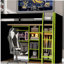 Lit mezzanine double en bois avec bureau, garde-robe ouverte, compartiments de rangement et lumières RVB, vert-808819190