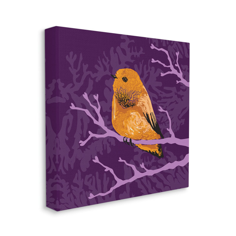 «Bold Orange Bird Sitting Purple Branches» par Verbrugge Watercolor, impression sur toile tendue