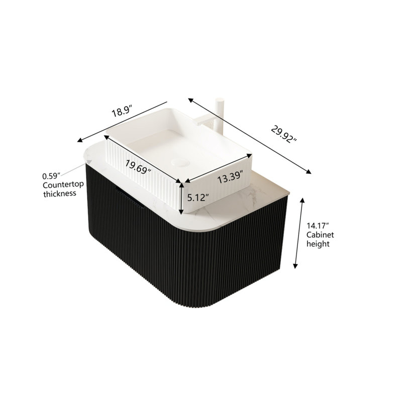 Meuble-lavabo de salle de bain 30 po avec lavabo, armoire de rangement de salle de bain à bordures courbes et flottantes avec tiroir, lavabo rectangulaire en céramique blanche, sans robinet, pré-assemblé, couleur noire