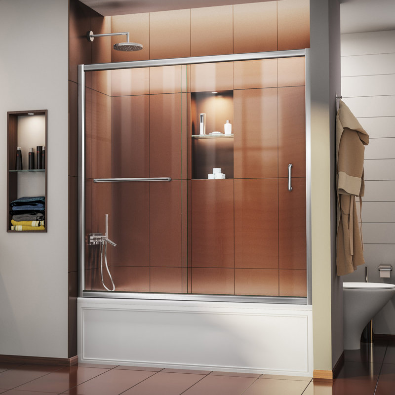 Porte de baignoire coulissante simple demi-cadre l 56 po x H 58 po Infinity-Z, Chrome, Transparent