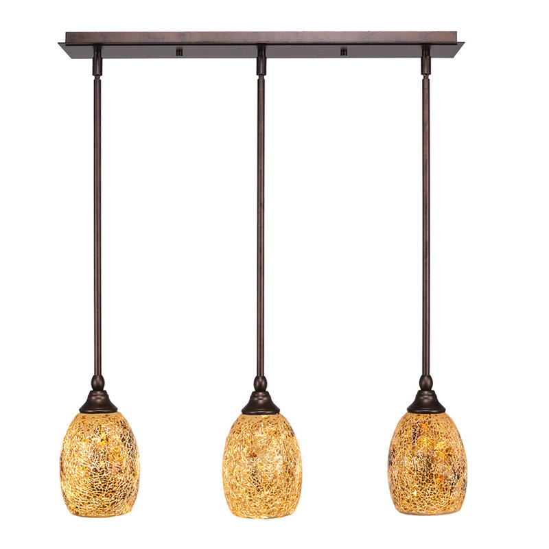 3 Light Stem Hung Linear Pendalier Shown With 5" Fusion Glass, Red, Bronze, 13.25" H x 25.25" W x 5.5" D