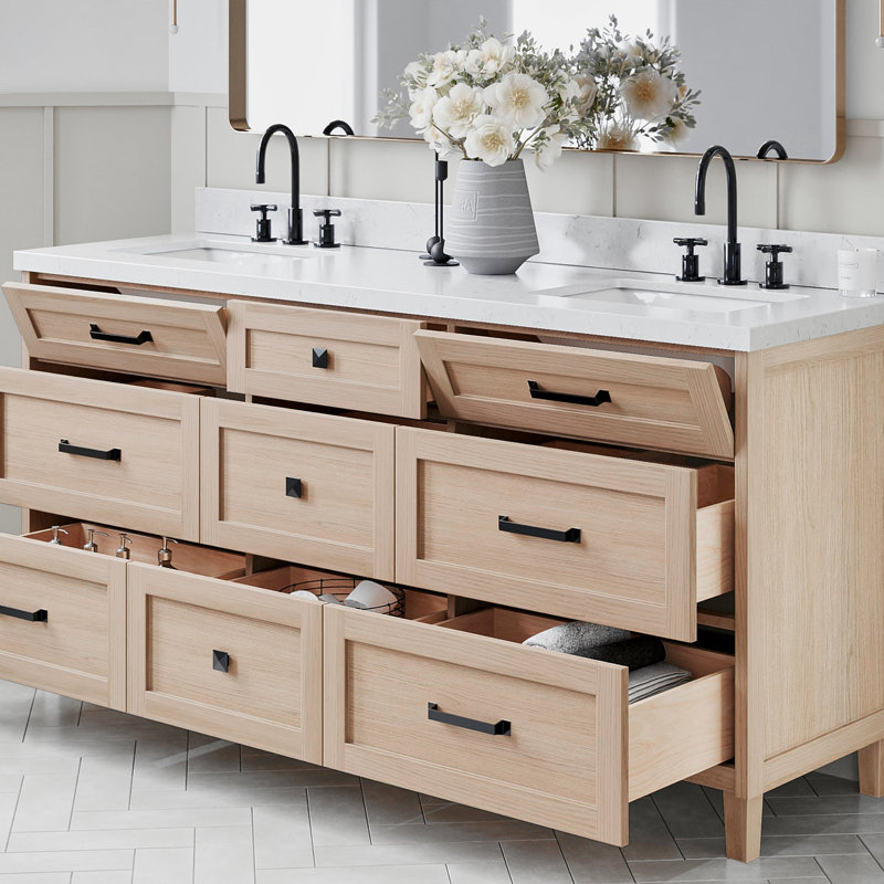 ARIEL Monroe 72 Double Sink Bathroom Vanity with Carrara Quartz Top, Oak
