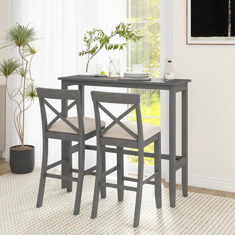 3-Piece Solid Wood Bar Height Farmhouse Dining Table Set, Gray, Gray, Gray