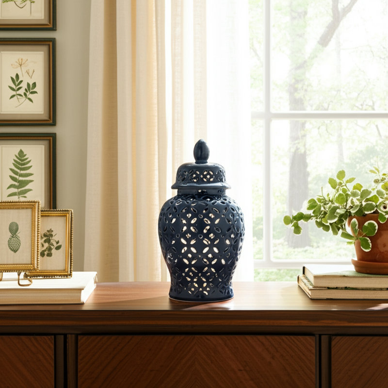 Austra Neutral Ceramic Temple Ginger Jar, 24" H x 11" W x 11" D, Blue