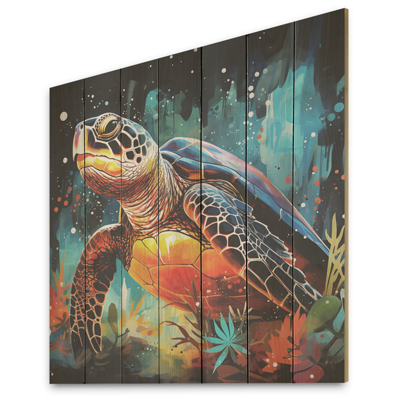 Graceful Yellow and Blue Turtle Swim - Tortue sur bois, H 36 po x l 36 po