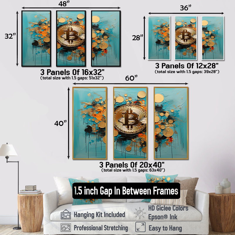 Or et bleu Crypto Bitcoin Collage - art mural mode Bitcoin, H 28 po x l 36 po x P 1 po, Cadre flottant noir