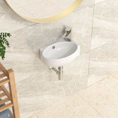 16" L X 11" W Wall Mounted Bathroom Sink Oval White Ceramic Bathroom Sink Wall Hung Ceramic Sink