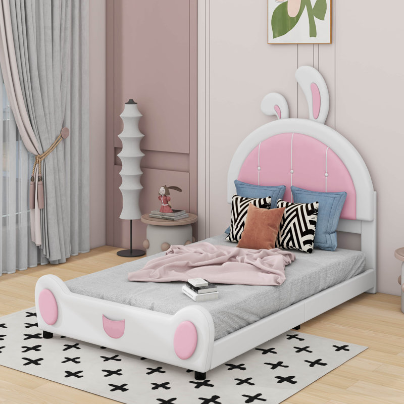 Lit plateforme tapissier simple avec tête de lit en forme de lapin, Blanc