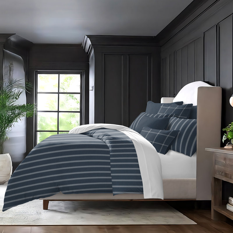 Shay Broad Ticking Stripe Dark Denim Cotton Comforter Set  8 Piece, Twin Comforter + 7 Additional Pieces