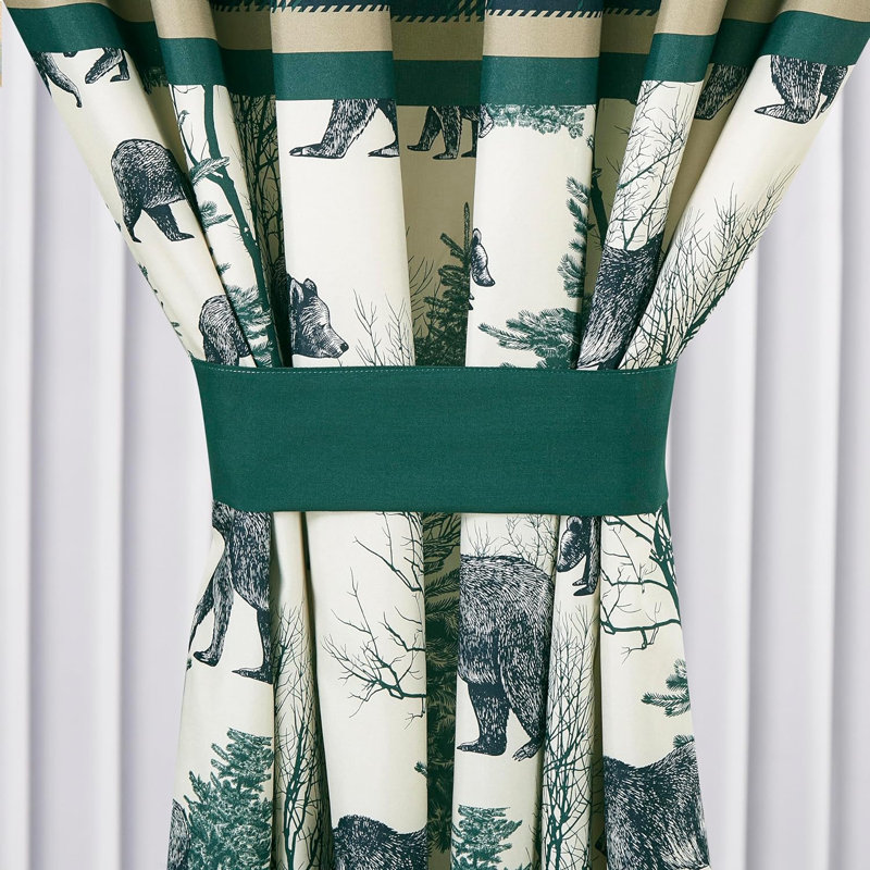 Blue Green Grizzly Bear Lodge Window Curtain Set with Sheer Backing