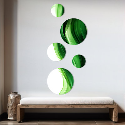«Green and White Fractal Waves I», ensemble d'art mural rond sur 5