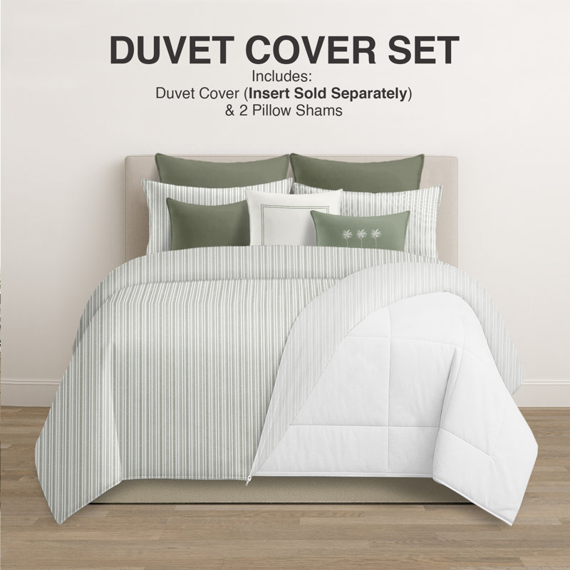 Pacific Stripe Reversible Cotton Duvet Cover Set, Sweet Grass, Queen Duvet Cover + 2 Queen Shams