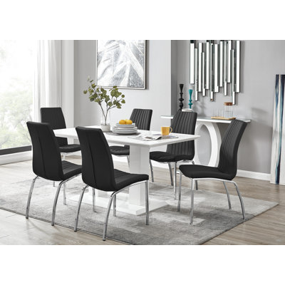 Edzard Double Pedestal High Gloss Dining Table Set with 6 Soft Touch Faux Leather Dining Chairs