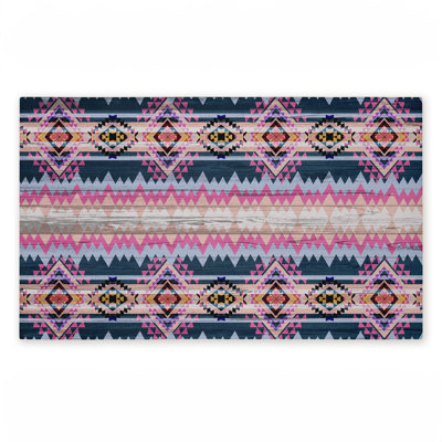 Tapis de porte Boho, imprimé géométrique rose et bleu, par Jennifer Ellory, 18 po x 30 po