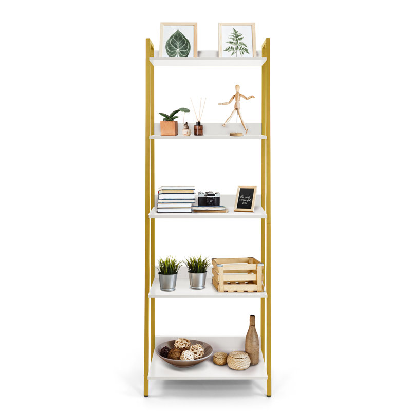 5 Tier Ladder Bookshelf, Bookcase Shelf Storage Rack Organizer, Golden, White/Gold