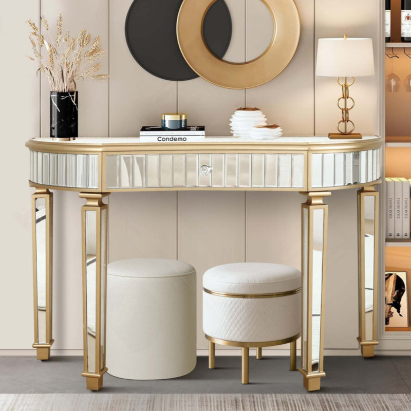 47 Inch Half-Moon Mirrored Console Table, Fluted Glass Entryway Vanity Desk with Crystal Knob Drawer, Solid Hardwood Crescent Foyer Table for Bedroom Dressing