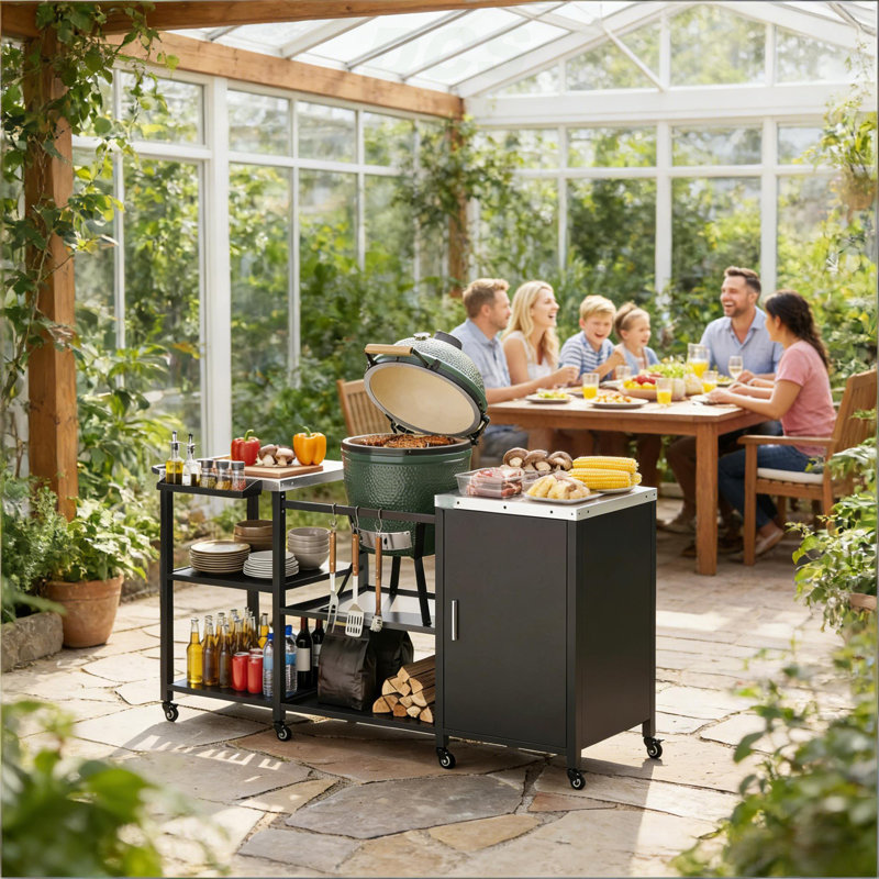 Table de préparation de barbecue en métal robuste, table de gril, chariot de gril (table de gril seulement, gril à gros œufs non inclus)