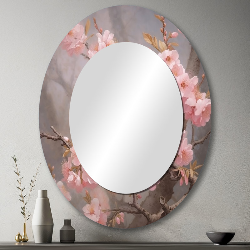 Bluebird On Blossom Cherry II - Grand miroir mural ovale sur métal, 43 po x 33 po