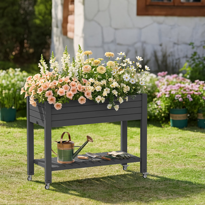 43.33"W Resin Raised Garden Bed With Wheels(Black), Black