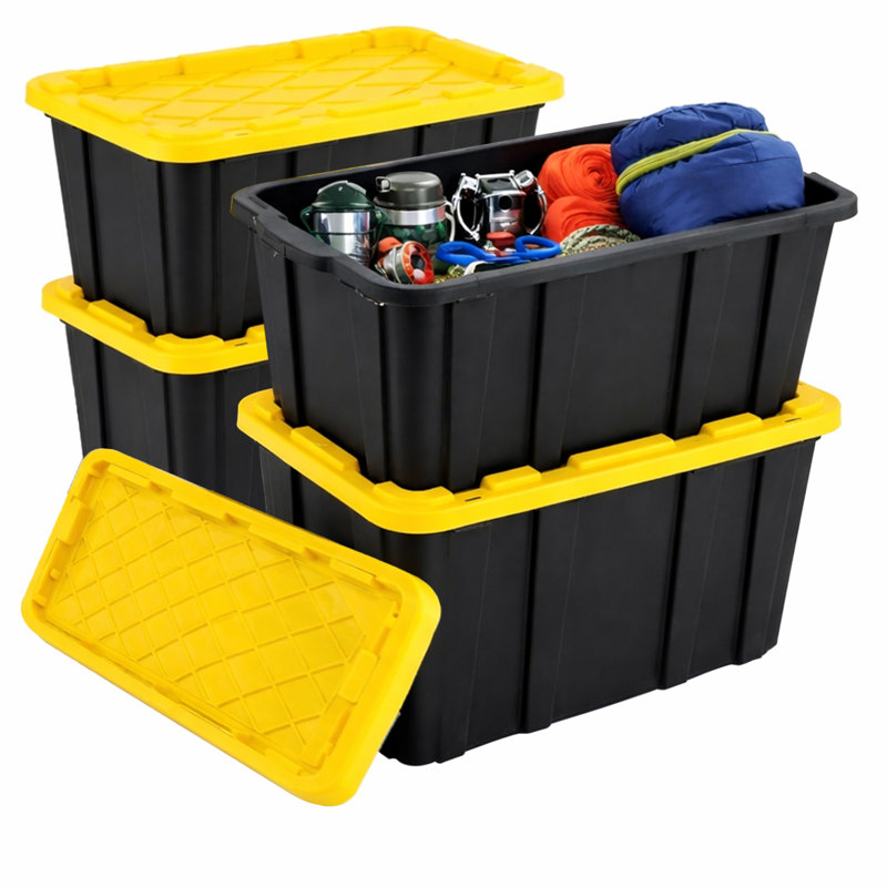 Sterilite 17 Gallon Industrial Stackable Storage Tote Lidded Containers, 6 Pack, 12 Pack, 27 Gallon, Black/Yellow