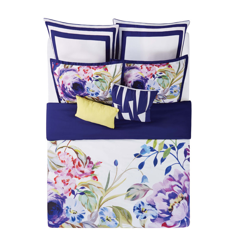 King Size Floral Indigo and Fuchsia Cotton Duvet Cover Set