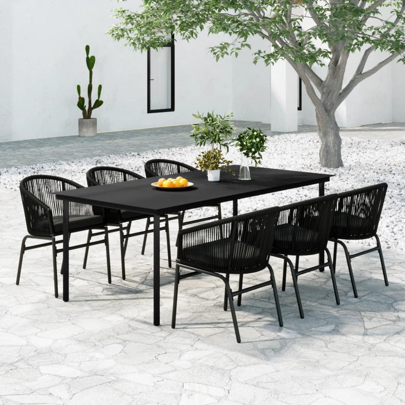 Khurshida Rectangular 6 - Person 78.7" Long Dining Set with Cushions, Black Frame/Black Cushion