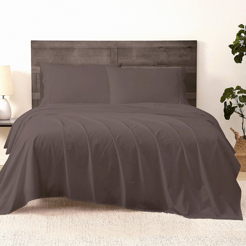Luxury Grey Percale Queen Bedding Set - 4 Piece Solid Sheet & Pillowcase Collection