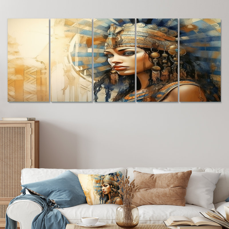 Or et bleu, égyptienne, pharaon, femme, IV, ensemble d'art mural 5 pièces, H 28 po x l 60 po