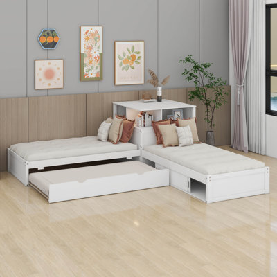 Modern Twin Size L-Shaped Platform Bed With Storage Cabinets, Desk, Trundle And LED Light, 3-In-1 Low Corner Platform Bed For Kids, Teens, Guests