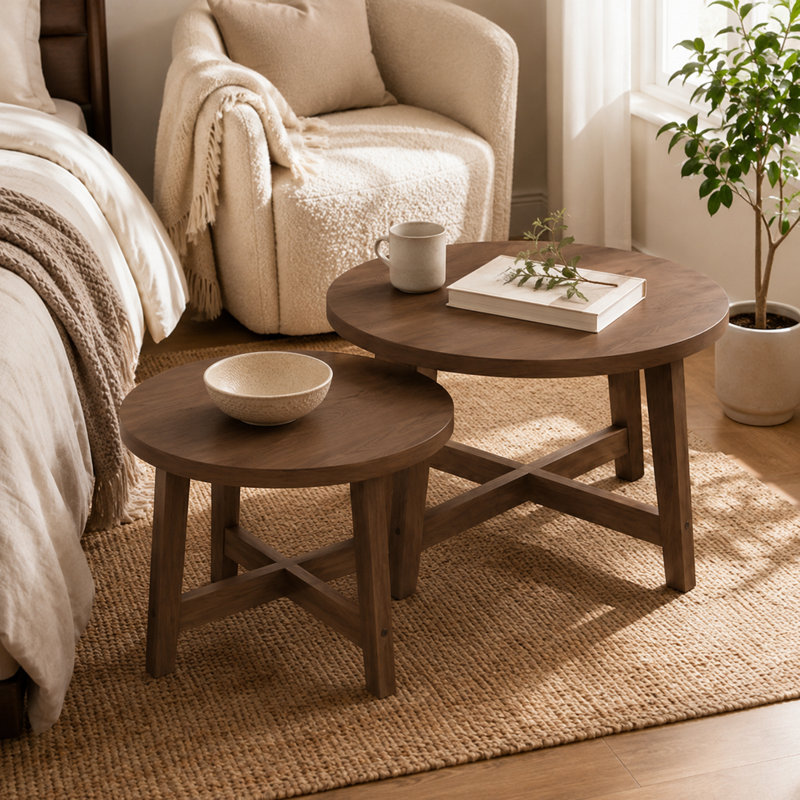 Ensemble de 2 tables basses gigognes rondes, tables d'appoint empilables en X au fini noyer pour salon, chambre à coucher et balcon