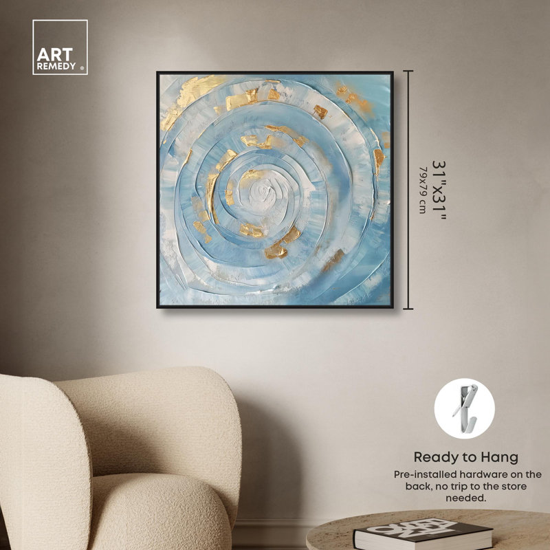 Toile dorée I, art abstrait bleu par Art Remedy, H 31 po x l 31 po x P 1,8 po, Cadre flottant noir
